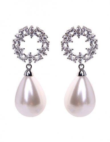Krystalové náušnice kroužky s perlou ve tvaru kapky bílé
